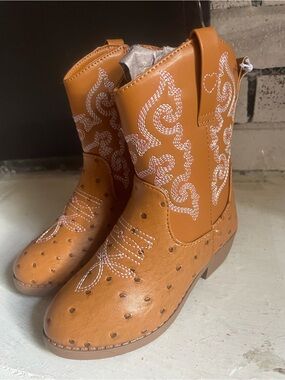 Kids Tan Western Cowboy Boots with White Stitch Detail
